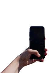 Hand holding smart phone with black screen and no background. vertical cutout isolated png file