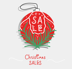 Merry Christmas round vector sale for xmas, winter holiday and business, season discount on red background with snow and white lines for offer and marketing. Hand drawn red banner for Christmas.Vector