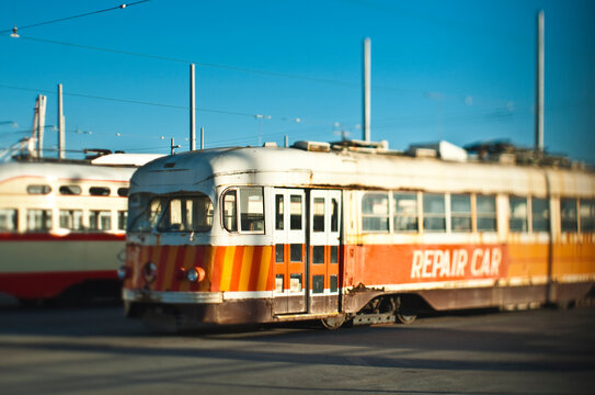 Repair vehicle and tram on rails
