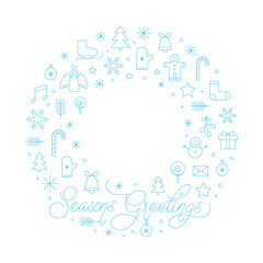 Seasons Greetings Card with Blue Christmas Winter Signs on White Background. Vector Illustration.