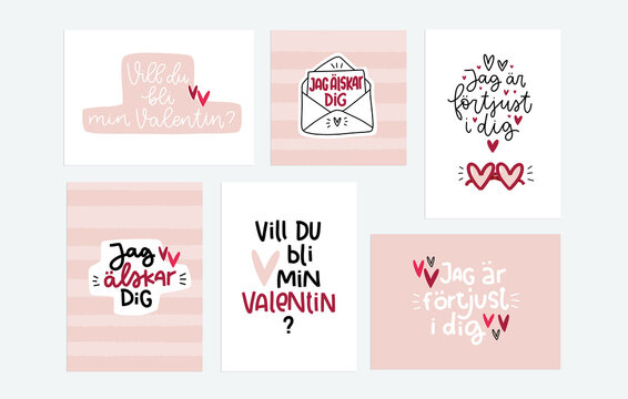Valentine card set in Swedish language with love messages and greetings. Text in Svenska reads: Will you be my Valentine?, I love you, I’ve got a crush on you.