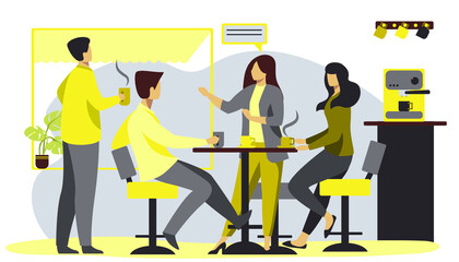 working coffee break, lunch meeting, business lunch, active discussion, brainstorming. Vector illustration. Flat style.