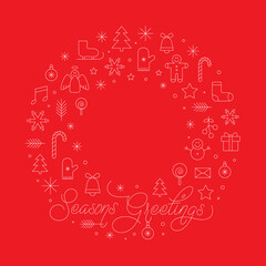 Seasons Greetings Card. Ring Shape with Christmas Winter Signs. Red Background. Vector Illustration