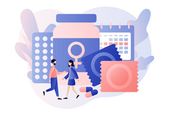 Contraception concept. Safe sexual behavior, birth fertility control. Contraceptive methods in sexual and reproductive health. Modern flat cartoon style. Vector illustration on white background
