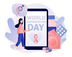 World Contraception Day-text on smartphone screen. Contraceptive methods in sexual and reproductive health. Safe sexual behavior, birth fertility control. Modern flat cartoon style.Vector illustration