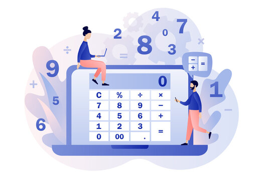 Calculator online or app. Tiny people with calculating. Accounting, financial analytics, bookkeeping,  budget calculation, audit debit and credit calculations. Modern flat cartoon style. Vector 