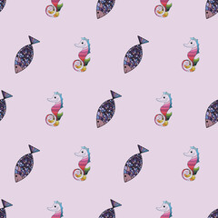Colorful Fish and seahorses seamless repeat pattern print background