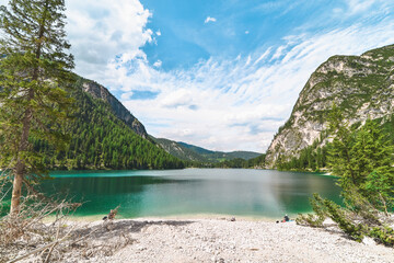 Fototapeta premium landscape view of lake in mountains. summer sunny day