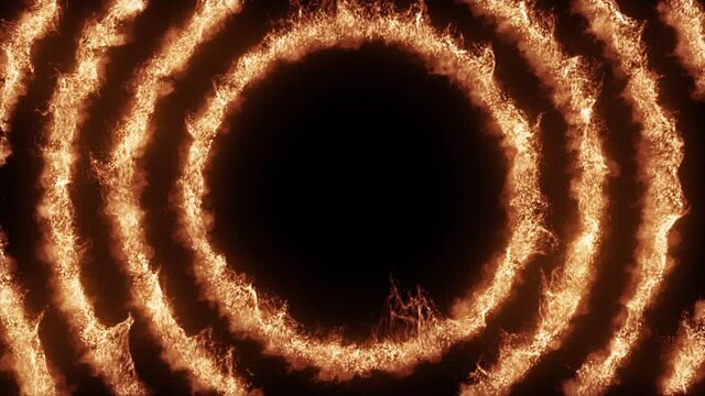 HOT OFFER. Burning 3d abstract seamless looped circle animated frame on black background. Dynamic fire line border animation.Text box template, BBQ party menu. Summer night sale design. Ad cool banner