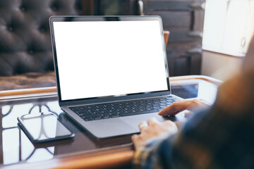 computer screen blank mockup.hand woman work using laptop with white background for advertising,contact business search information on desk at coffee shop.marketing and creative design