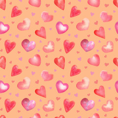 Seamless watercolor pattern on peach background with hearts for valentines day and children decor, fabric, wrapping paper