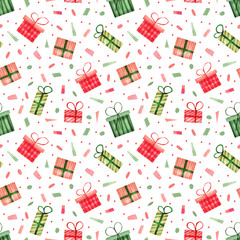 Seamless watercolor pattern with gift boxes and confetti for valentines day, christmas and children decor, fabric, wrapping paper