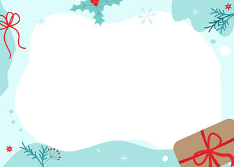 Vector illustration with christmas ball, present, berries and place for text. For greeting card and party invitation, poster or cover, package, advertising, post in social media or mailing, banner.