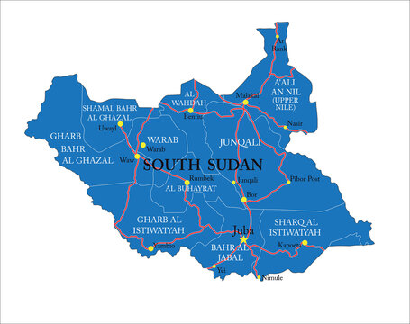South Sudan highly detailed political map