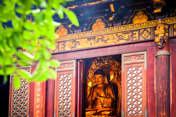 XIAN, CHINA 13 july 2018 - Golden Buddha statue at Giant Wild Goose Pagoda