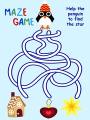 Christmas maze game with penguin stock vector illustration. Help the penguin to find the star. Funny educational visual puzzle for kids. Activity page colorful worksheet printable page for fun