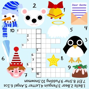 Funny children crossword stock vector illustration. Educational word game with answer below for kids. Christmas mood puzzle with keyword - Santa Claus. Funny game in English with elf, penguin and more