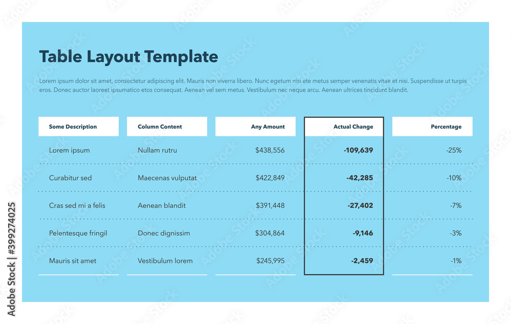 Aufkleber Modern business table layout template - blue version. Flat design, easy to use for your website or presentation.