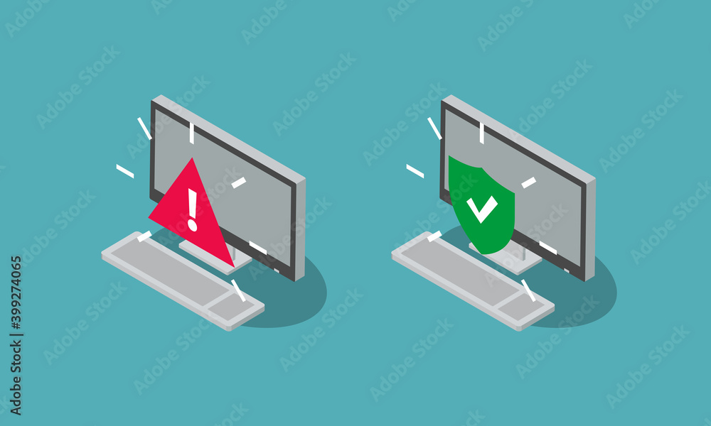 Poster infected and protected desktop computer symbols, isolated on blue background. flat design, easy to u