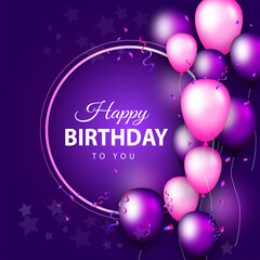 Happy birthday design template with pink balloon and confetti on purple background. Greeting card