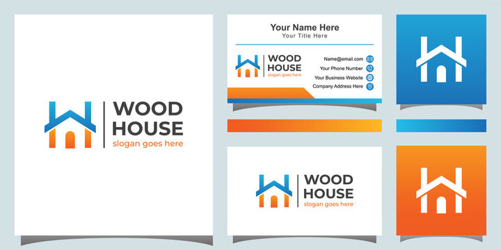 modern color wood house logo. letter W and H for home logo symbol with business card