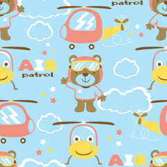 Seamless pattern vector of helicopter cartoon with bear the funny pilot