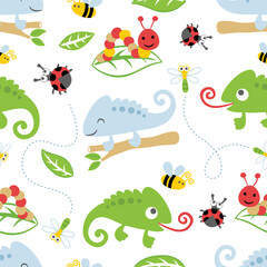 Seamless pattern vector of chameleon cartoon with bugs
