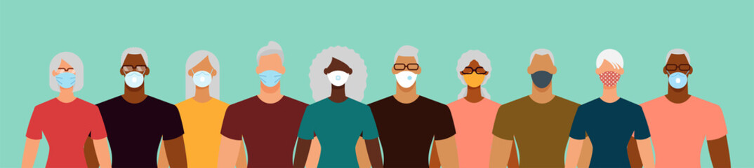 Diverse people crowd in protective face masks during the epidemic. Social distance, quarantine concept. Flat design vector illustration.