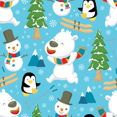 Seamless pattern of winter theme cartoon with cute animals