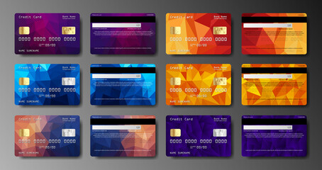 Set of realistic credit card two sides isolated. Detailed glossy cards. Credit debit card mockup