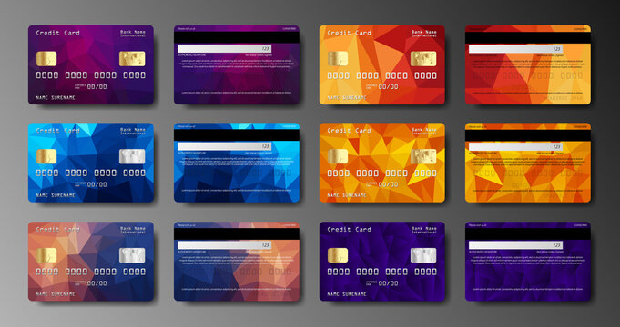 Set of realistic credit card two sides isolated. Detailed glossy cards. Credit debit card mockup