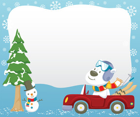 polar bear cartoon driving car while carrying skiing equipment at winter