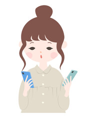 スマートフォンを両手に二台持つ若い女性　上半身