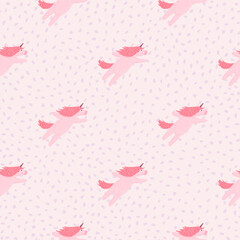 Minimalistic baby seamless pattern with simple unicorn silhouetes. Light pink background.