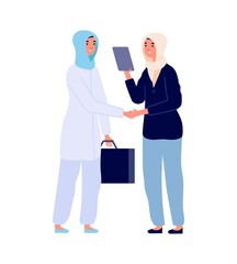 Arab business woman. Muslim female characters, successful agreement or teamwork. Office managers, girls handshake vector illustration. Teamwork female muslim, success business team