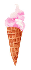Watercolor illustration of strawberry ice cream in a waffle cup