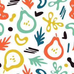 Trendy pears background. Doodle fruits, abstract plants texture. Contemporary fashion print, trendy drawing eco vector seamless pattern. Pear trendy abstract pattern doodle, fruit summer