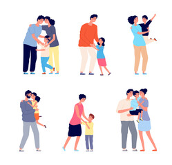 Parents hugging child. Family embracing, dad mom hug daughter. Friendship romantic relationship, adult holding baby utter vector characters. Illustration people family love embrace