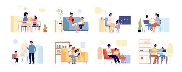 Parents children learning. Home study, mother daughter remote education. Flat adult teacher and student, distance teaching utter vector set. Illustraton childhood studying at home