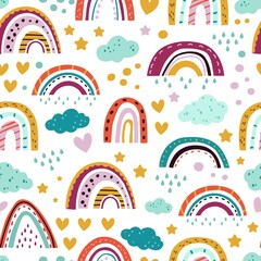 Scandinavian rainbow pattern. Seamless print, pastel baby nursery wallpaper. Scandi drawn childish star clouds exact vector background. Pattern rainbow scandinavian background, seamless texture design