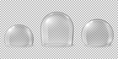 Glass domes. Transparent spheres, clean kitchen glossy display for food. Isolated realistic crystal protection empty caps recent vector set. Illustration glass dome, sphere exhibition model © MicroOne