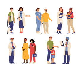 Fototapeta na wymiar Doctor visiting. Medical help, hospital nurse caring patient. People health diagnosis, consultation with swanky medicine worker vector set. Illustration examination patient, medicine exam physician