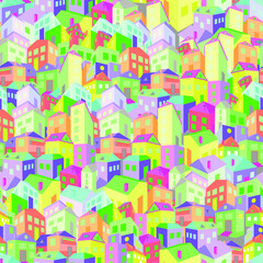 Stylish  multicolored houses in perspective, seamless pattern. Stylized decorative print on fabric or wrapping paper