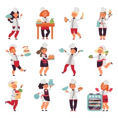 Kids cooking. Cute little chef, cartoon funny kitchen children. Isolated baker with cooker. Child in apron holding food vector set. Illustration kid cooking, chef children, waiter boboy on kitchen