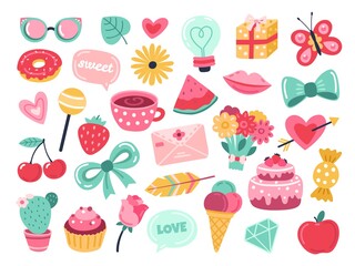 Romantic planner stickers. Love elements, hand drawn cute valentines. Scrapbooking design for diary or agenda, lovely card exact vector set. Illustration cute elements to organize memo in journal