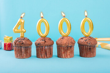 4000 Number gold candle on a cupcake against a pastel blue background four thousand year celebration