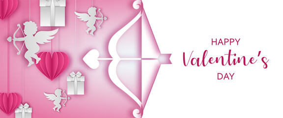 valentine's day banner with paper hearts, cupid and gift boxes