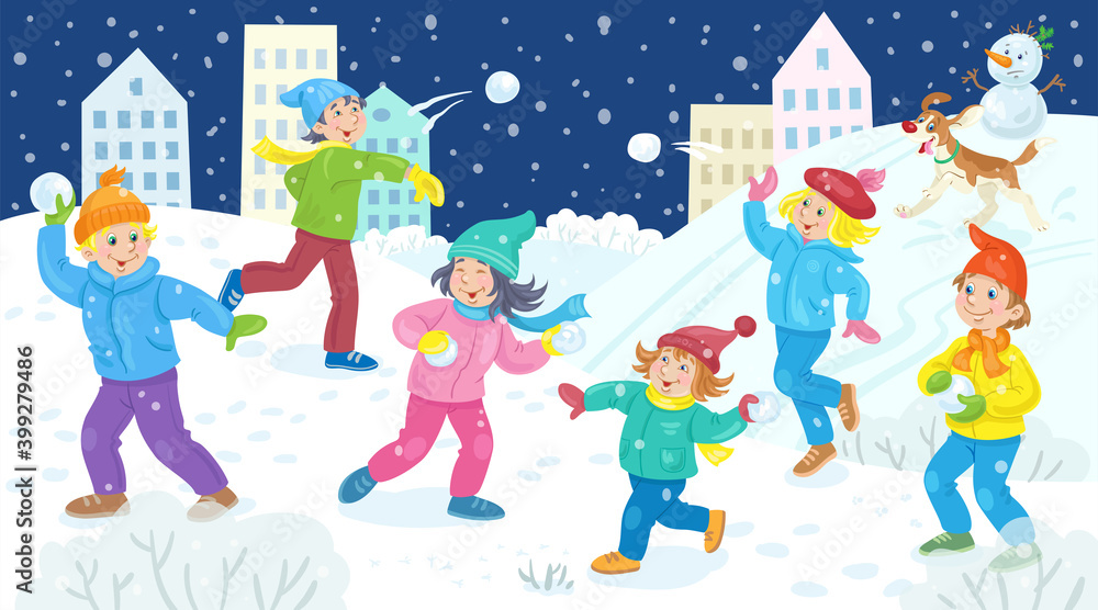 Wall mural Happy children play snowballs in the winter city. Banner in cartoon style. Vector flat illustration.