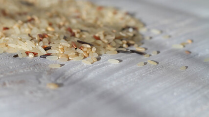 A pile of unboiled fresh rice of various varieties is scattered on the white table. Copy space.