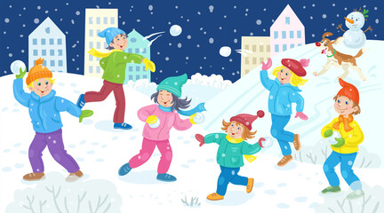 Happy children play snowballs in the winter city. Banner in cartoon style. Vector flat illustration.